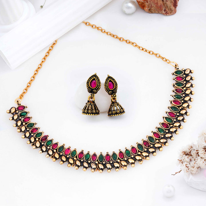 Antique Matt Finish Temple Necklace Set with Ruby & Green Kemp Stones
