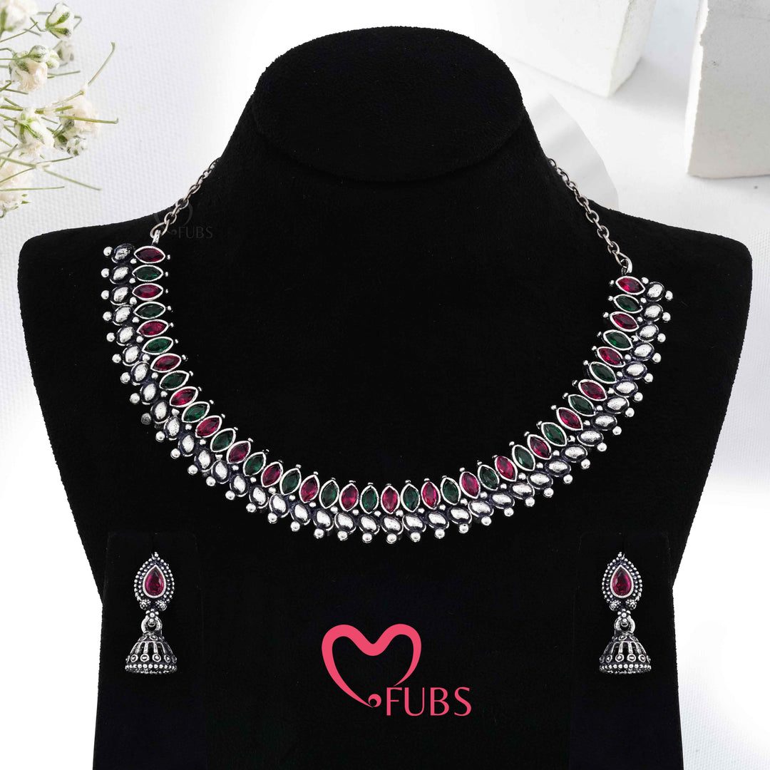 Aesthetic Oxidized Silver Choker Necklace Set with Ruby & Green Stones