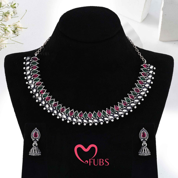 Aesthetic Oxidized Silver Choker Necklace Set with Ruby & Green Stones