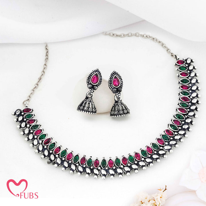 Aesthetic Oxidized Silver Choker Necklace Set with Ruby & Green Stones