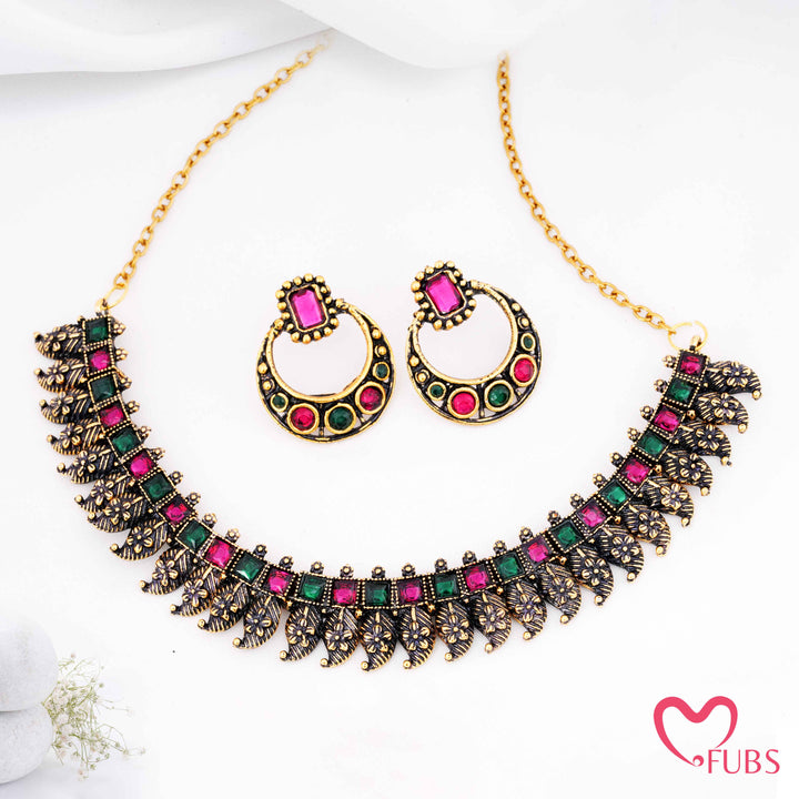 Traditional Mango Motif Necklace Set with Matt Antique Gold Finish