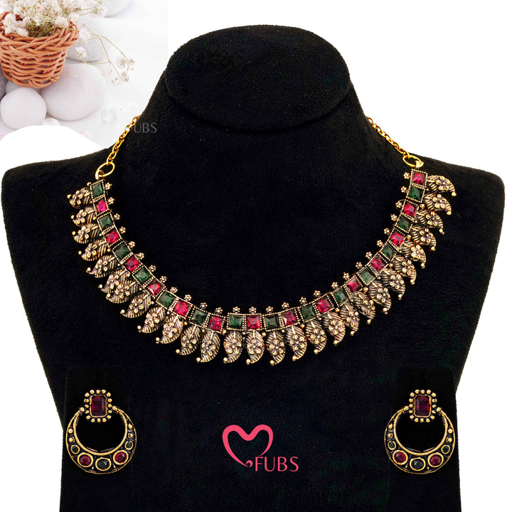 Traditional Mango Motif Necklace Set with Matt Antique Gold Finish