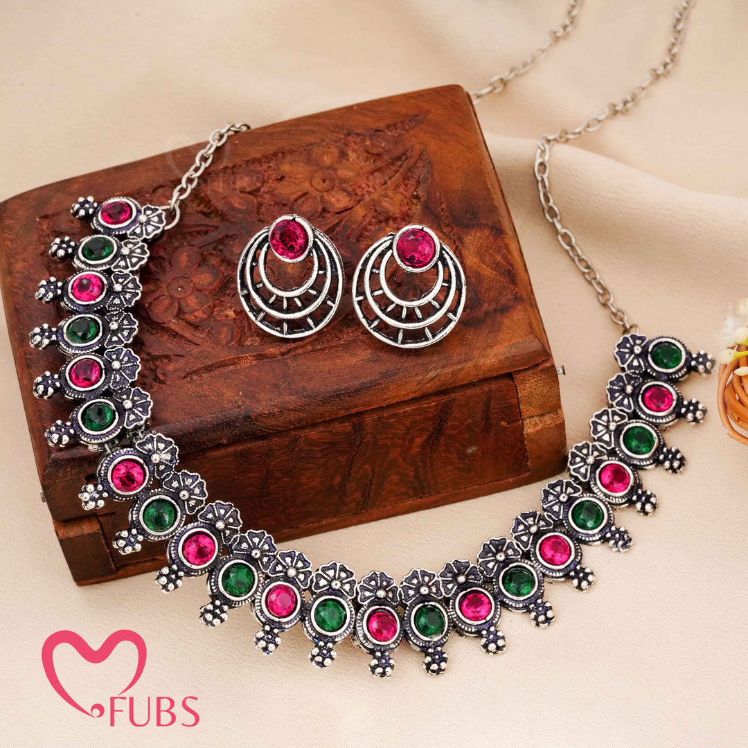 Statement Oxidized Silver Choker Necklace Set with Ruby & Green Stones