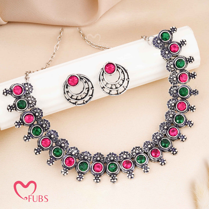 Statement Oxidized Silver Choker Necklace Set with Ruby & Green Stones