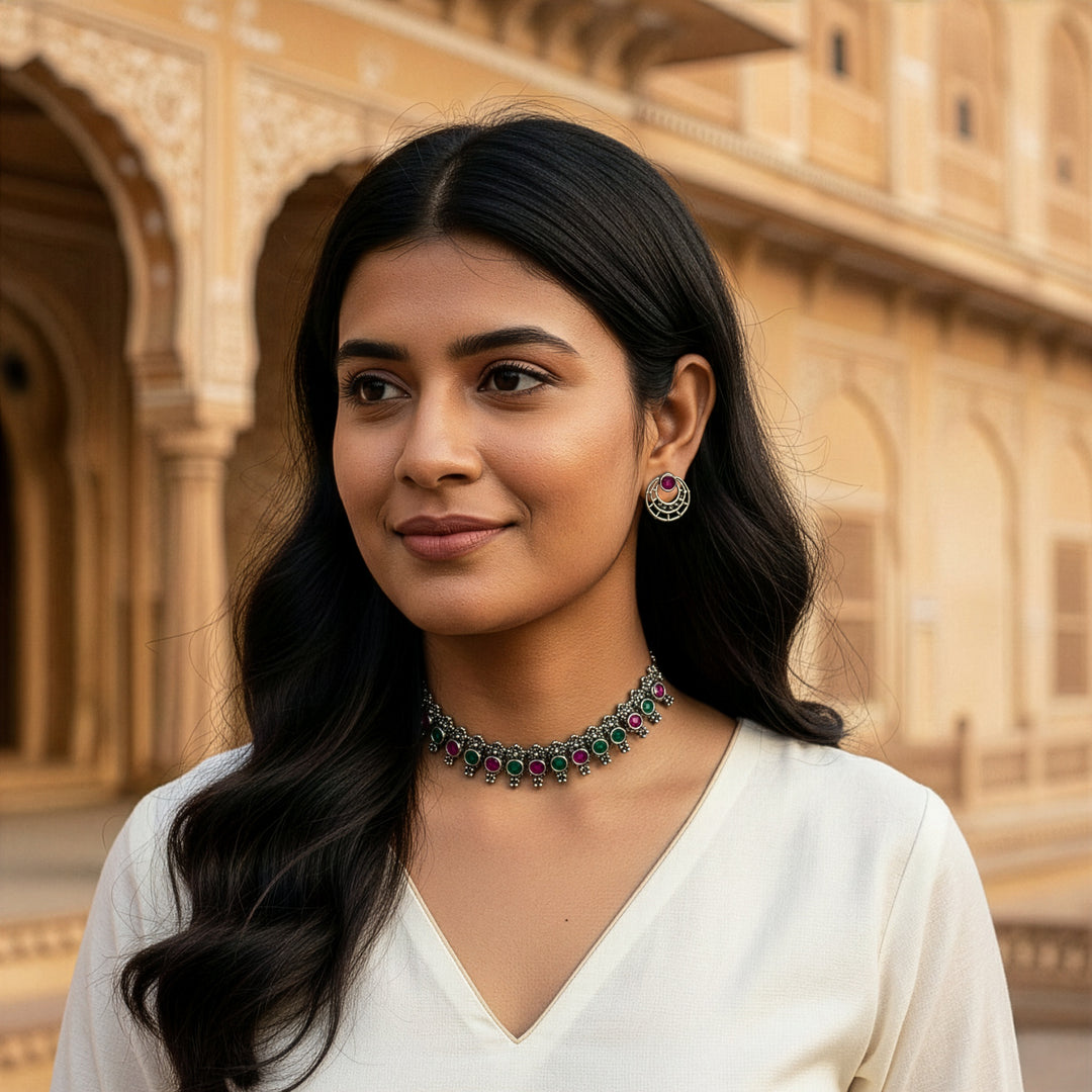 Statement Oxidized Finish Choker Necklace Set with Ruby & Green Stones