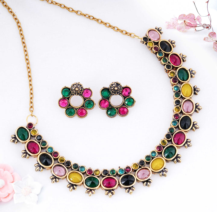 Traditional Floral Cluster Studs & Matt Gold Choker