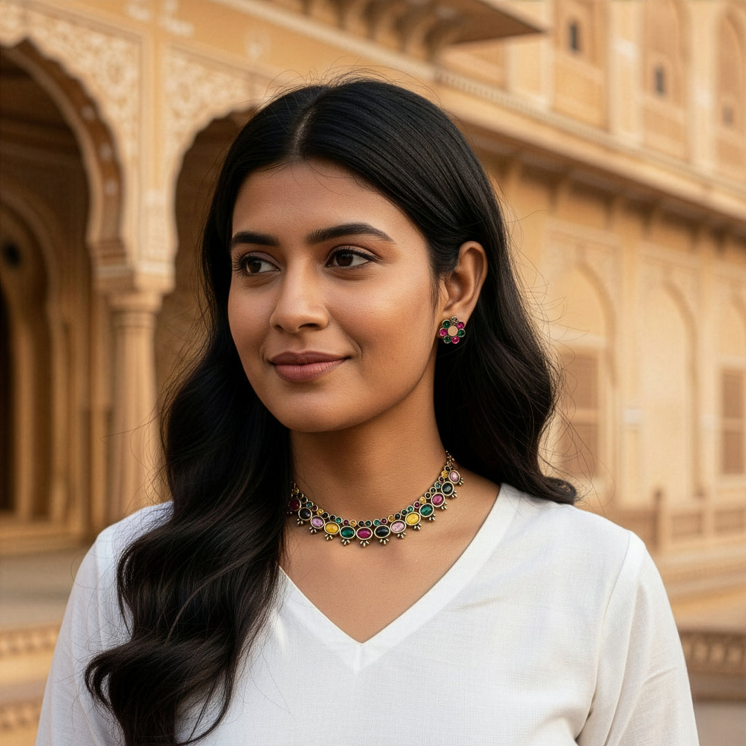 Traditional Floral Cluster Studs & Matt Gold Choker