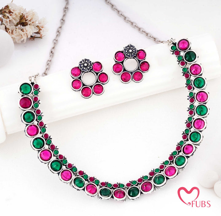 Vibrant Rani Pink & Green Oxidized Silver Choker Necklace Set