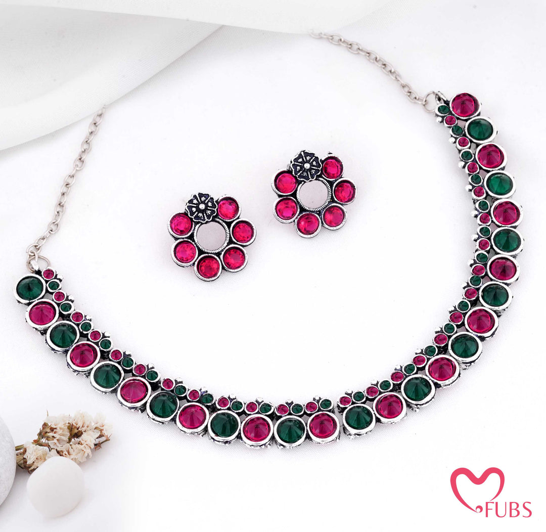 Vibrant Rani Pink & Green Oxidized Silver Choker Necklace Set