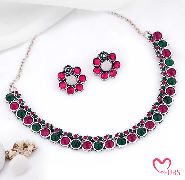 Vibrant Rani Pink & Green Oxidized Silver Choker Necklace Set