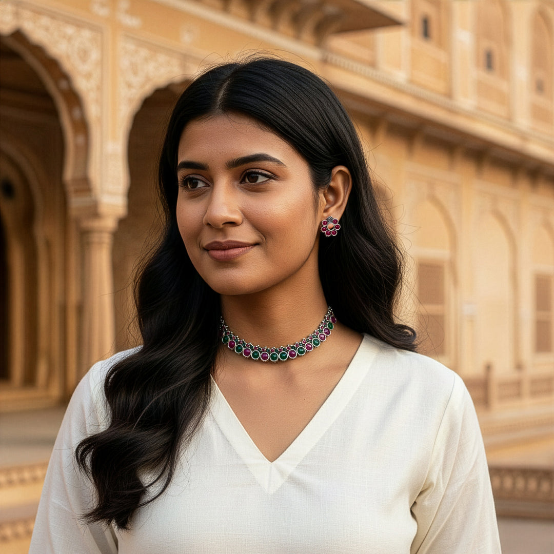Vibrant Rani Pink & Green Oxidized Finish Choker Necklace Set