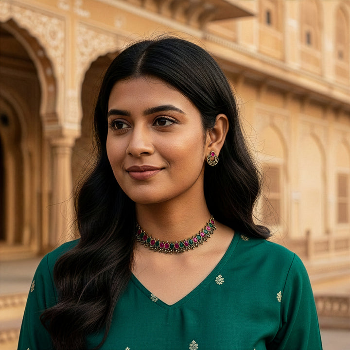 Dual-Tone Antique Matt Gold Choker Set with Tribal Aesthetic & Kemp Stones