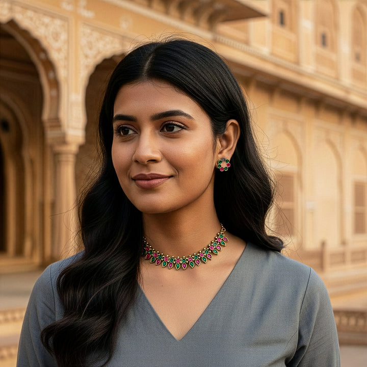 Aesthetic Oxidized Leaf Motif Necklace Set (Golden)