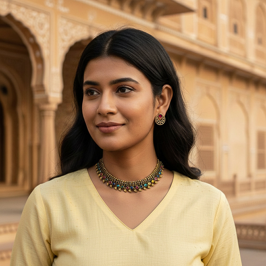 Intricate Antique Matt Gold Finish Choker Necklace Set with Leaf Border Design
