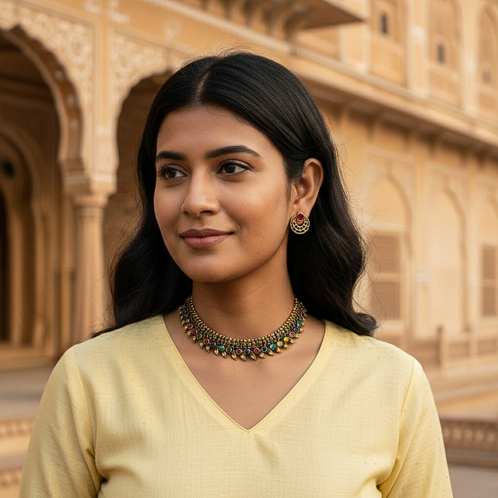 Intricate Antique Matt Gold Finish Choker Necklace Set with Leaf Border Design