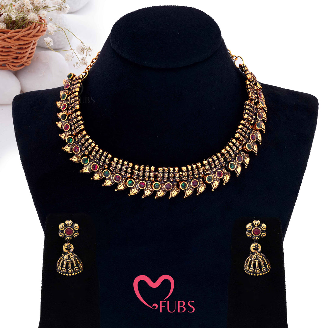 Traditional Temple Choker Necklace Set with Matt Antique Gold Jhumkas