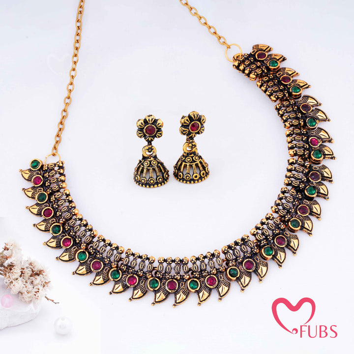 Traditional Temple Choker Necklace Set with Matt Antique Gold Jhumkas