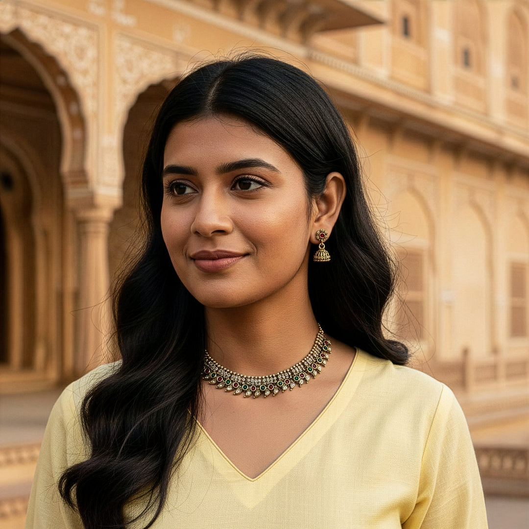 Traditional Temple Choker Necklace Set with Matt Antique Gold Finish Jhumkas