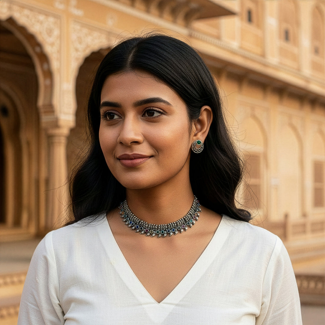 Aesthetic Oxidized Finish Choker Set with Leaf Border Design