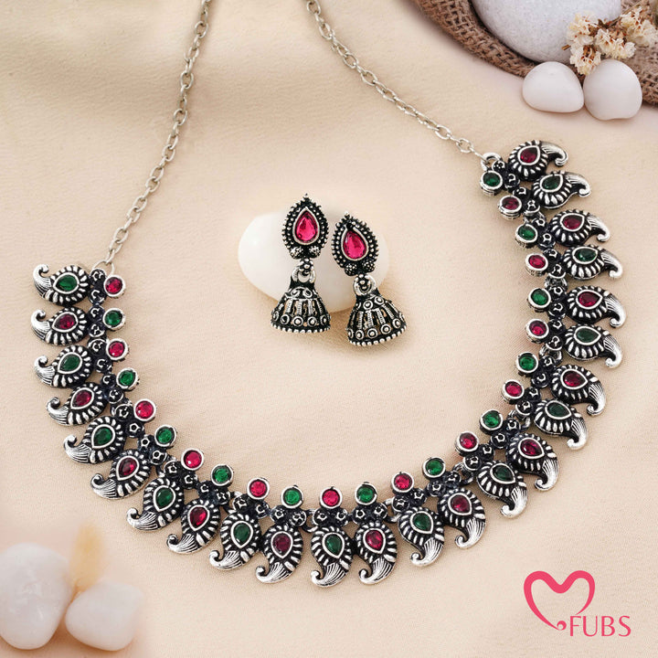 Traditional Paisley Motif Oxidized Choker Set with Aesthetic Mini Jhumkas