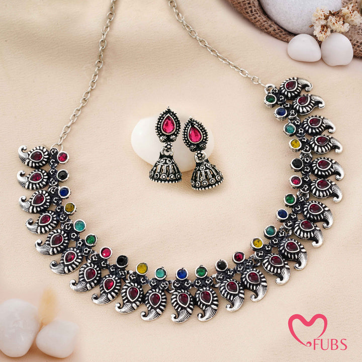 Traditional Paisley Motif Oxidized Choker Set with Aesthetic Mini Jhumkas