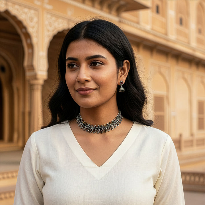 Traditional Paisley Motif Oxidized Choker Set with Aesthetic Mini Jhumkas