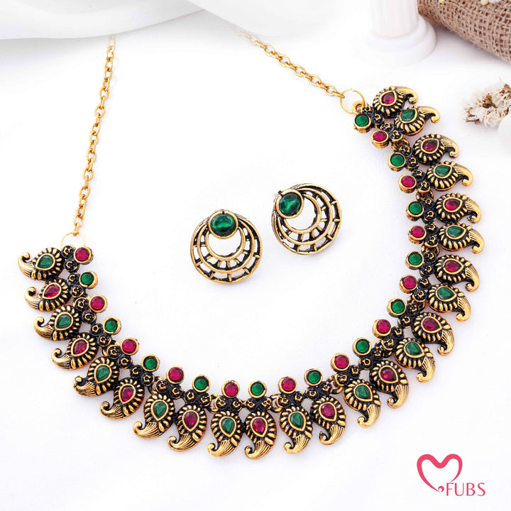 Antique Gold Plated Mango Design Necklace Set