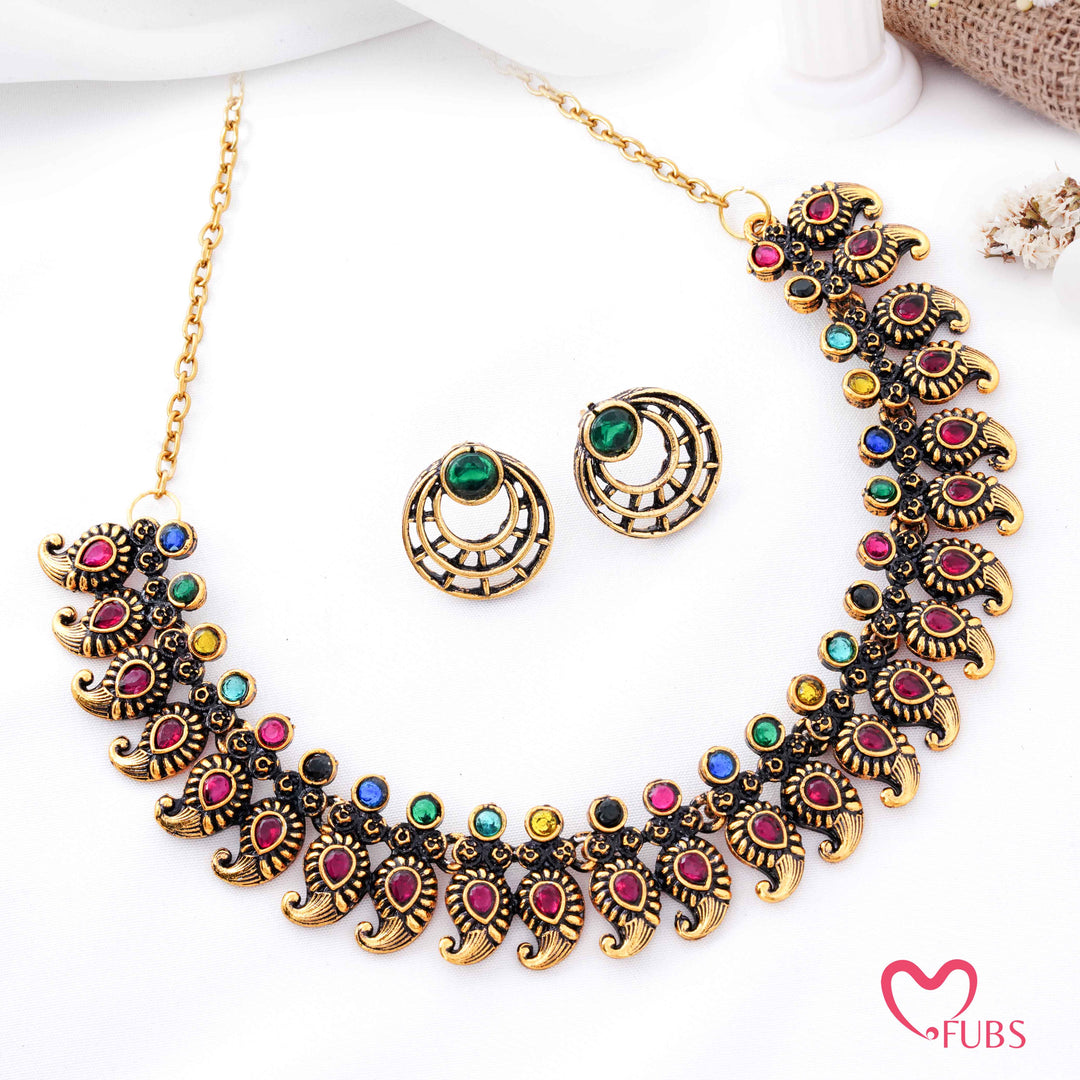 Antique Gold Plated Mango Design Necklace Set