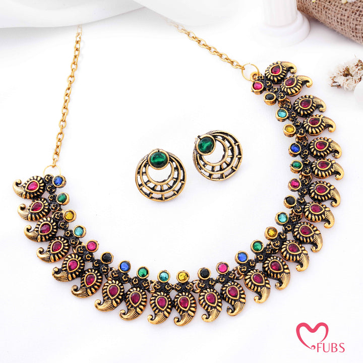 Antique Gold Plated Mango Design Necklace Set