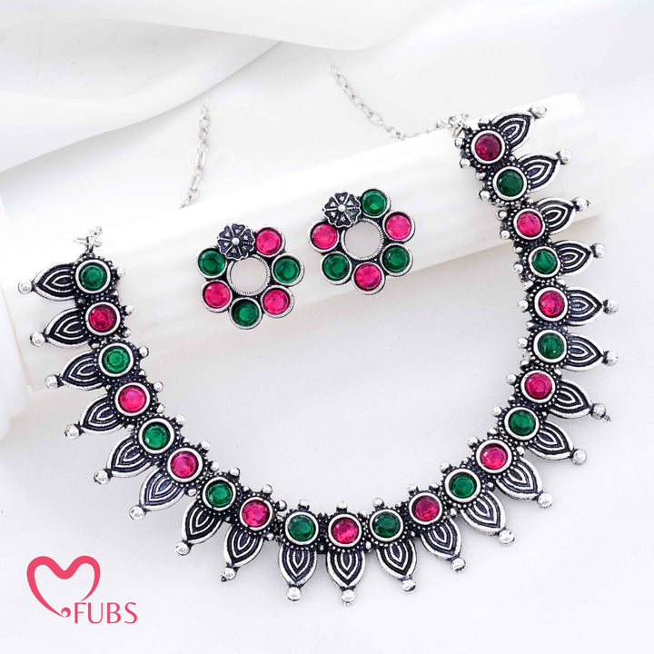 Oxidized Silver Plated Leaf Design Necklace Set