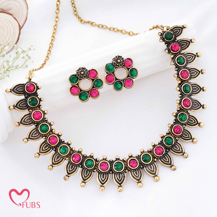 Oxidized Golden Plated Leaf Design Necklace Set