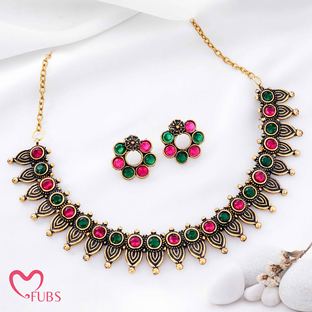 Oxidized Golden Plated Leaf Design Necklace Set