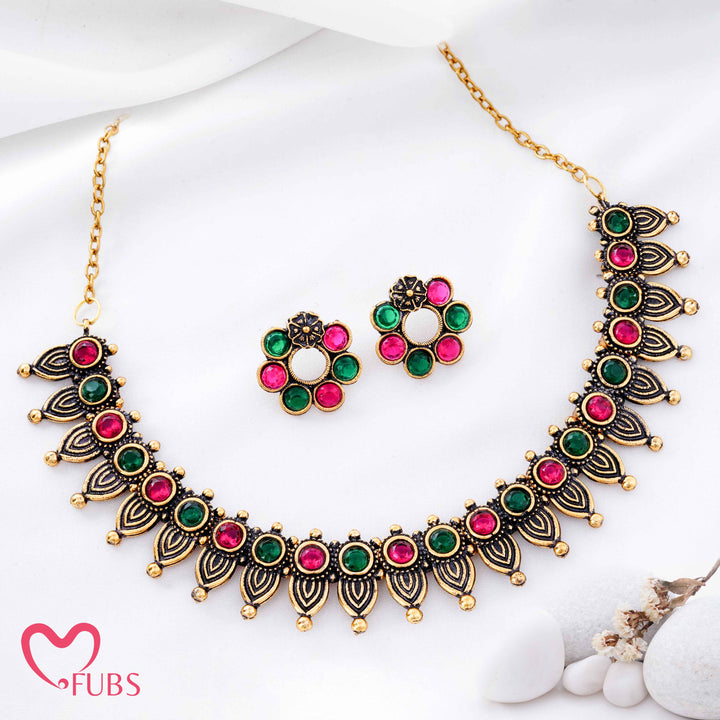 Oxidized Golden Plated Leaf Design Necklace Set