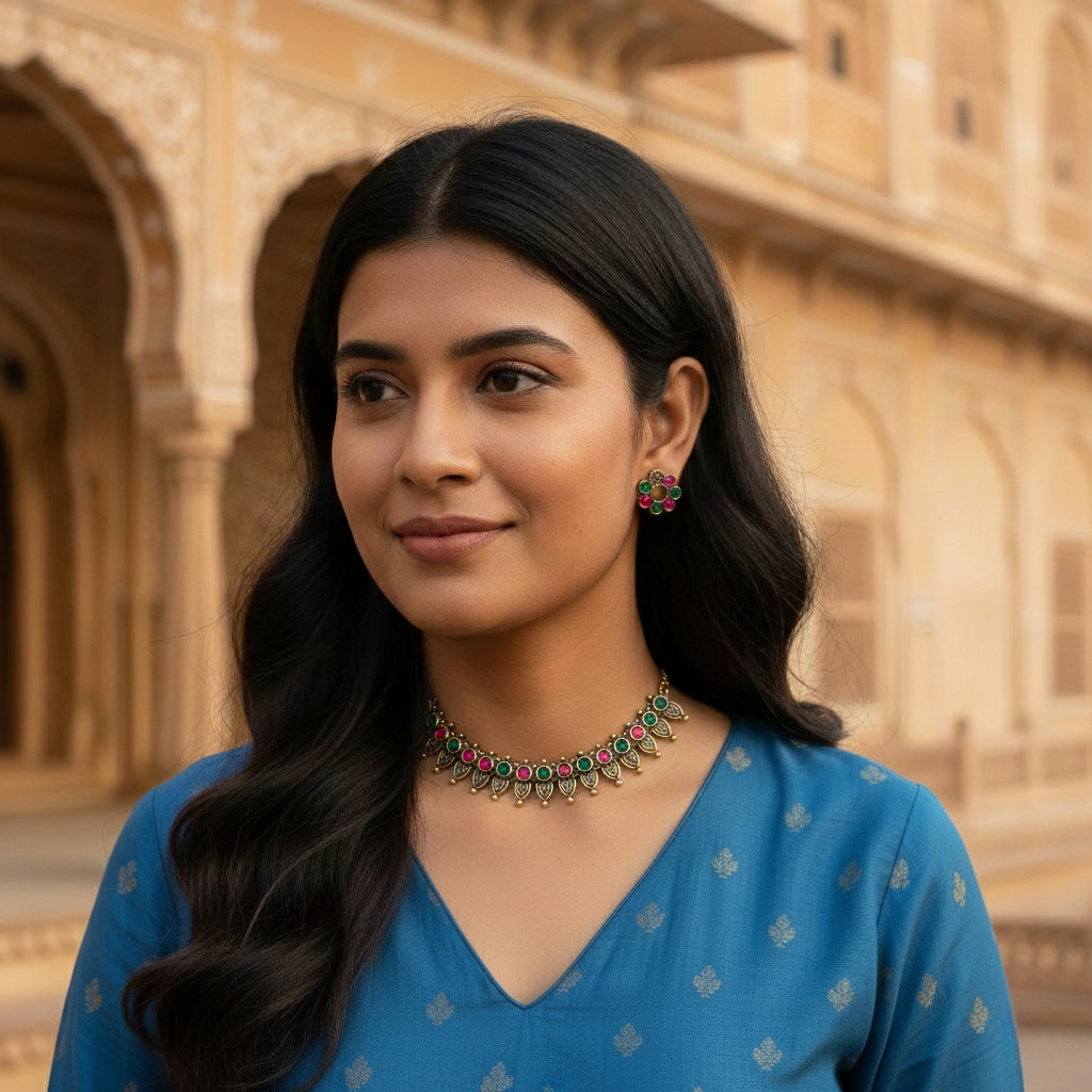 Oxidized Golden Plated Leaf Design Necklace Set