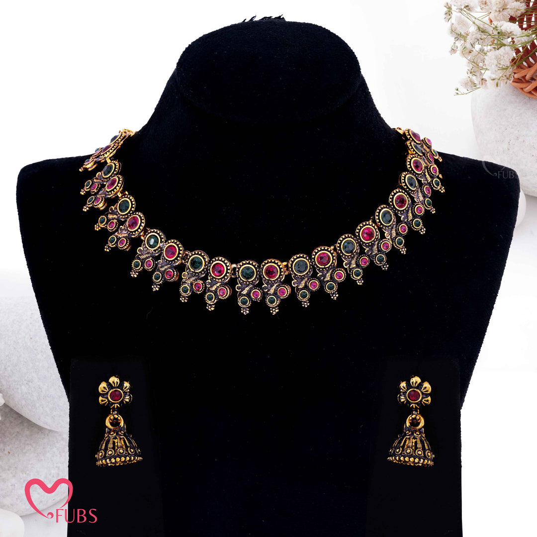 Regal Antique Temple Necklace Set with Jhumka Earrings (Golden)