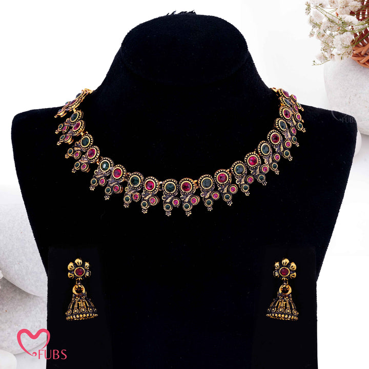 Regal Antique Temple Necklace Set with Jhumka Earrings (Golden)