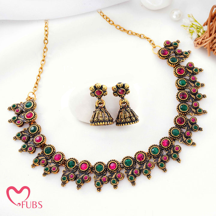 Regal Antique Temple Necklace Set with Jhumka Earrings (Golden)
