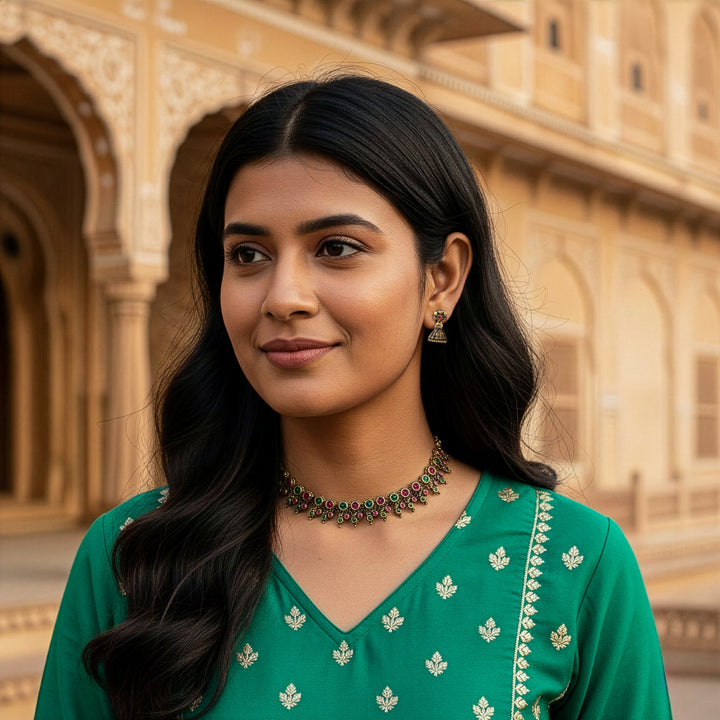 Regal Antique Temple Necklace Set with Jhumka Earrings (Golden)