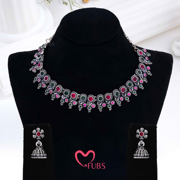 Regal Antique Temple Necklace Set with Jhumka Earrings (Silver)