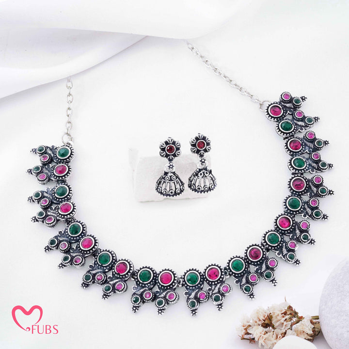 Regal Antique Temple Necklace Set with Jhumka Earrings (Silver)