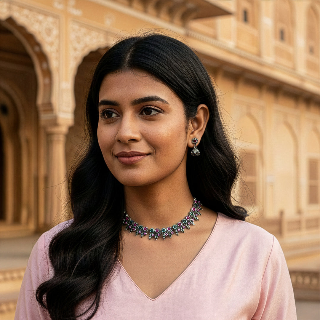 Regal Antique Oxidized Finish Temple Necklace Set with Jhumka Earrings