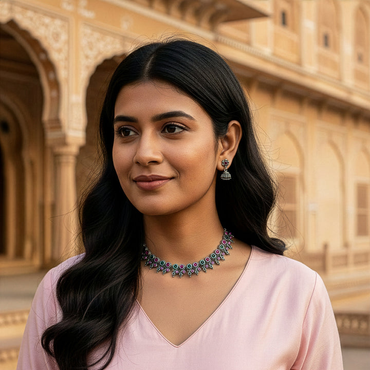 Regal Antique Oxidized Finish Temple Necklace Set with Jhumka Earrings