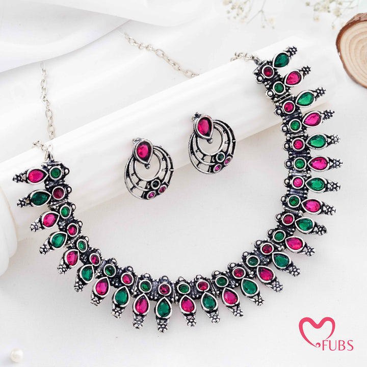 Traditional Antique Gold Plated Choker Necklace Set (Silver)