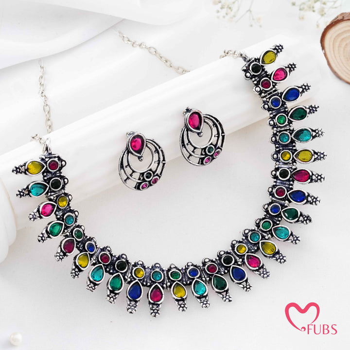 Traditional Antique Gold Plated Choker Necklace Set (Silver)