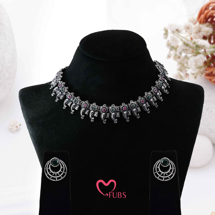 Oxidized Silver Flower & Paisley Necklace Set