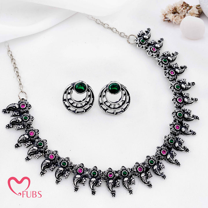 Oxidized Silver Flower & Paisley Necklace Set