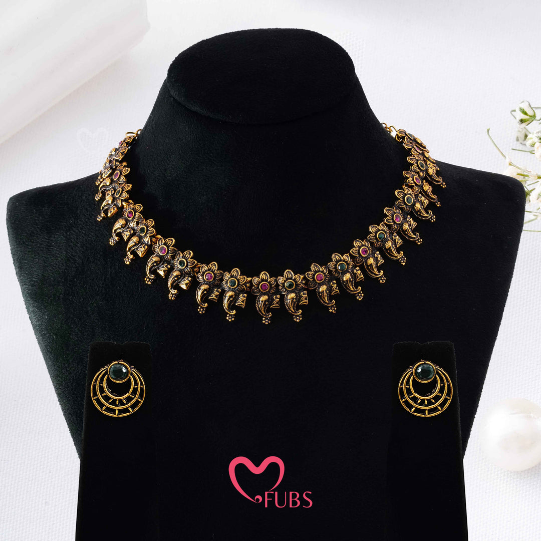 Oxidized Golden Flower & Paisley Necklace Set