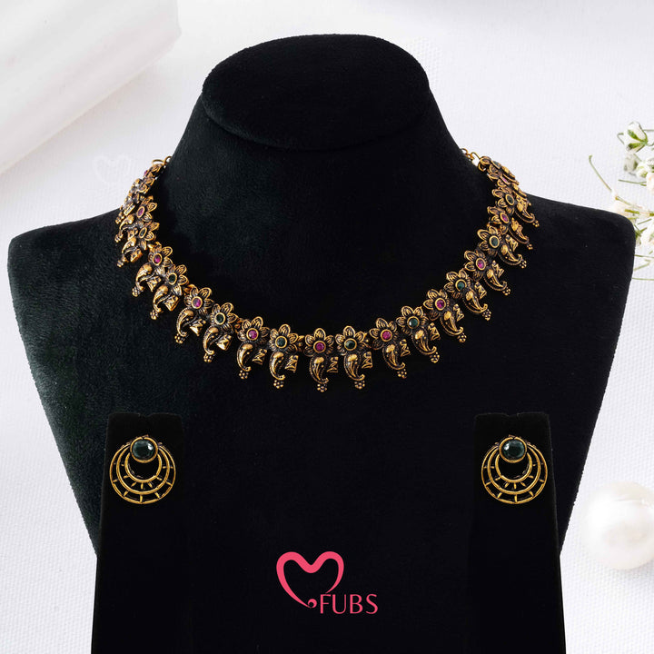 Oxidized Golden Flower & Paisley Necklace Set