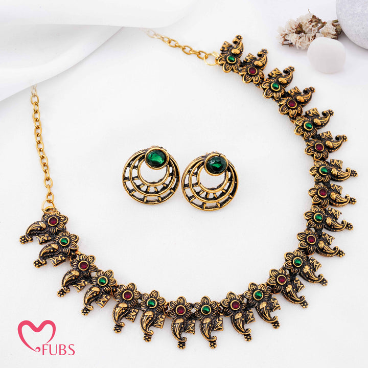 Oxidized Golden Flower & Paisley Necklace Set