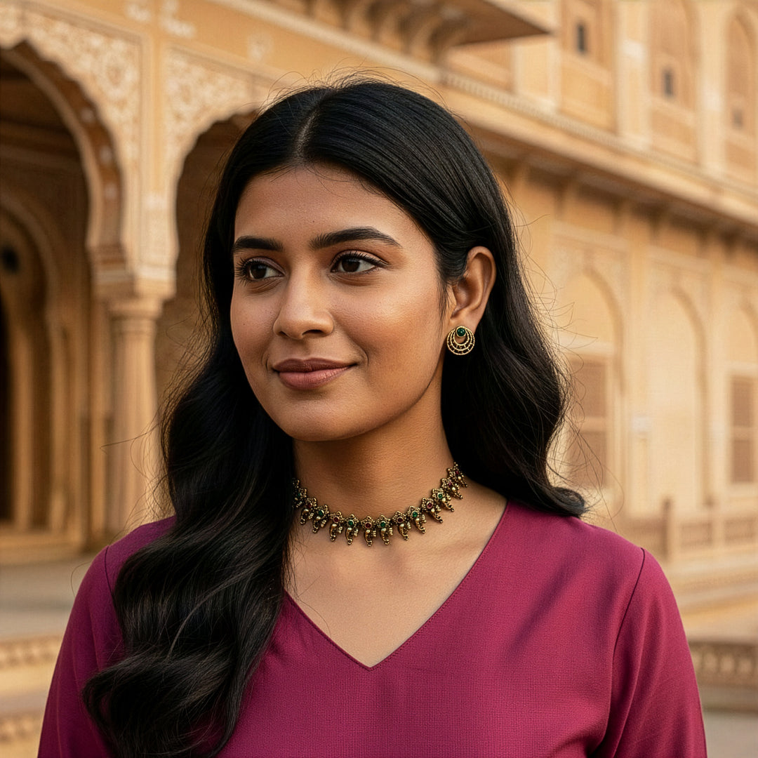 Oxidized Golden Flower & Paisley Necklace Set